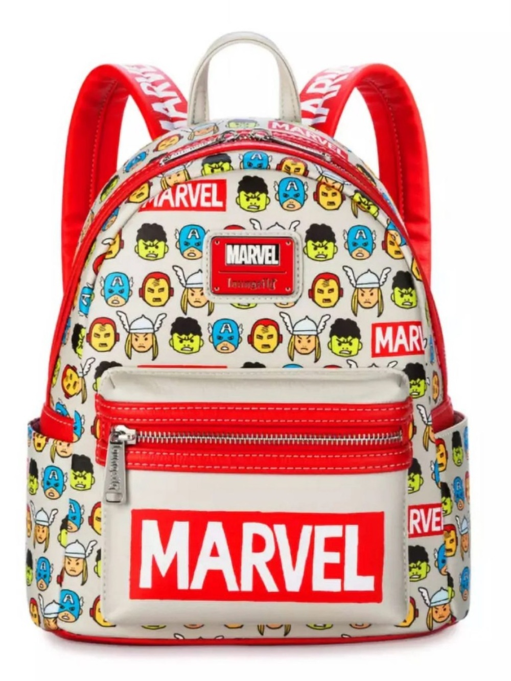 Loungefly Marvel Mini Backpack in Red, White & Multicolor Character Faces